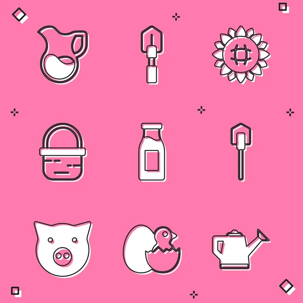 Set Krug Glas mit Milch, Schaufel, Sonnenblume, Korb, Flasche, Schwein und Küken in Crack-Ei-Symbol. Vektor — Stockvektor