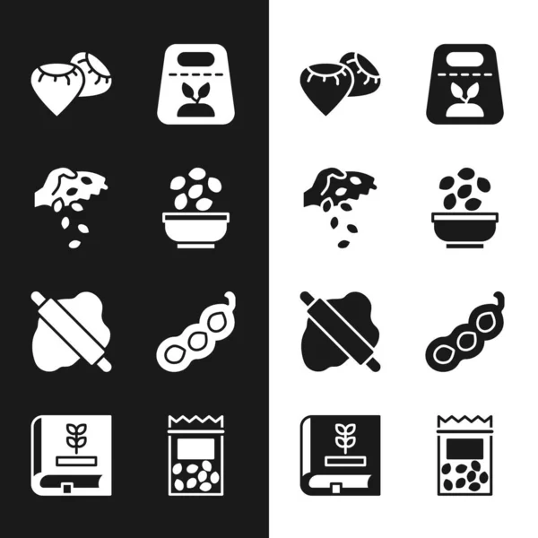 Set Zaden in kom, Pak vol met zaden van planten, Rolling pin op deeg, Groene erwten, en Boek over pictogram. Vector — Stockvector