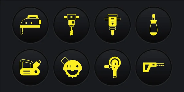 Set Elektrohobelwerkzeug, Schraubendreher, Kreissäge, Winkelschleifer, Bauhammer, Elektrischer Handbetonmischer, Hubkolben- und Stichsäge-Symbol. Vektor — Stockvektor