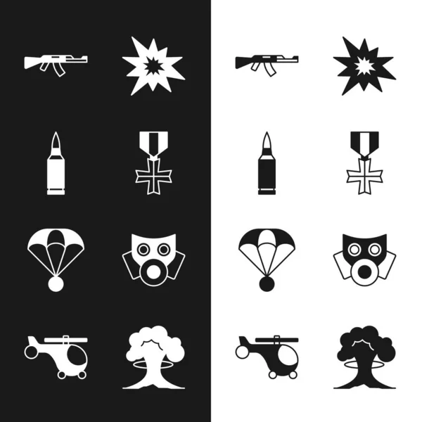 Set militärische Belohnung Medaille, Kugel, Maschinenpistole, Bombenexplosion, Fallschirm, Gasmaske, Atom- und Hubschrauber-Symbol. Vektor — Stockvektor