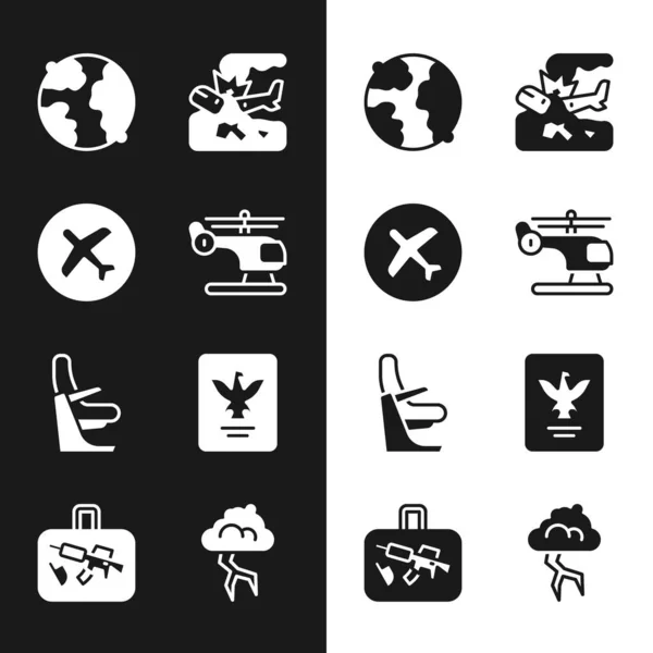 Set Hubschrauber, Flugzeug, Weltweit, Absturz, Flugzeugsitz, Reisepass, Sturm und Koffer-Symbol. Vektor — Stockvektor