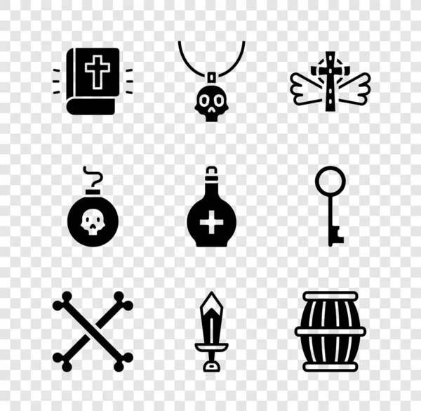 Set Holy bible book, Necklace amulet, Christian cross, Crossed human bones, Sword for game, Gun powder barrel, Bomb ready to explode and Bottle with potion icon. Vector — Stock Vector