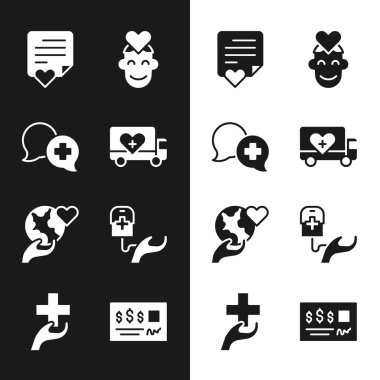 İnsani yardım kamyonu, doktorla diyalog, Zarif Kalp, Gönüllü, Dünya 'yı tutan El, Kan bağışı, Banka kontrolü ve Kalp çapraz ikonu. Vektör