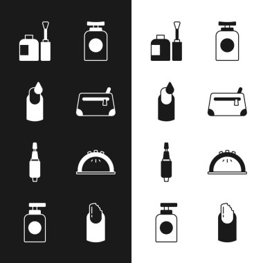 Kozmetik çanta, manikür, manikür şişesi, tüp el kremi, manikür, lamba, kırık ve ikon için değirmen makası. Vektör