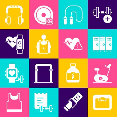 Banyo tartıları, sabit bisiklet, dolap ya da değişim, ip atlama, vücut geliştirme, kalp, kulaklık ve kalp atış hızı ikonu olan akıllı saat. Vektör