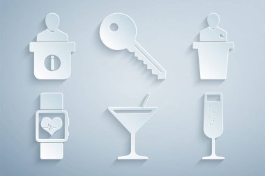 Martini bardağı, konuşmacı, kalp atış hızı, bir kadeh şampanya, anahtar ve bilgi masası ikonu. Vektör