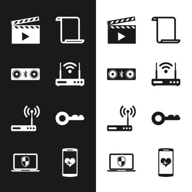Router ve wi-fi, bluetooth hoparlörleri, film alkışları, kağıt kaydırma ve anahtar simgesini ayarla. Vektör