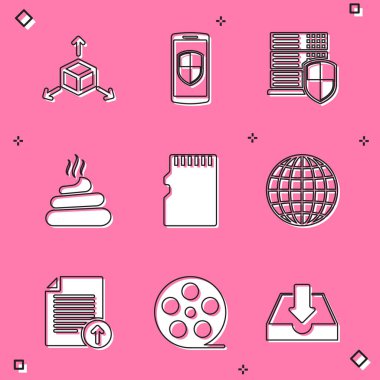 Set Isometric cube, Smartphone with shield, Server, Shit, Micro SD memory card and Earth globe icon. Vector