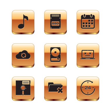 Müzik notası, ton, Disket diski 5.25 inç, Sil klasörü, Hard disk HDD, Bulut senkron tazeleme ve Takvim simgesi. Vektör