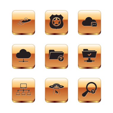 UFO uçan uzay gemisini ve uzaylıyı, Bilgisayar ağını, ineği, bilinmeyen dizini, Ağ bulut bağlantısını ve Cloud posta sunucu simgesini ayarlayın. Vektör