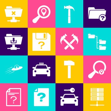 Sunucu, Data, Web Sunucu, Arama konumu, Dizin ağacı, Çekiç, Bilinmeyen belge ve FTP dizin indirme simgesini ayarla. Vektör