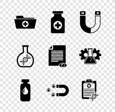 Sağlık dosyasını, ilaç şişesini, mıknatısı, tıbbi tüpü, ampulü, müşteri çekimini ve DNA analiz simgesini ayarla. Vektör