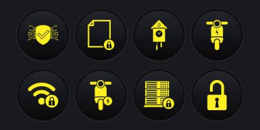 Wifi 'yi kilitleyin, elektrikli scooter' ı, sunucu güvenliğini, Retro duvar saatini, belge ve simgeyi ayarlayın. Vektör