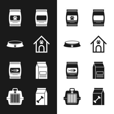 Köpek evi ve pati baskılı evcil hayvan, evcil hayvan kasesi, kedi ve ikon çantası. Vektör