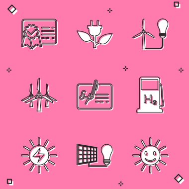 Sertifika şablonunu ayarla, yaprakta elektrik prizi, rüzgar türbinli ampul, rüzgar türbinleri, imzalı belge, hidrojen dolum istasyonu, güneş enerjisi paneli ve ışık ikonu. Vektör