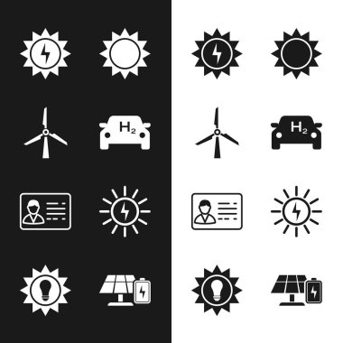 Hidrojen arabası, rüzgar türbini, güneş enerjisi paneli, güneş, kimlik kartı, pil ve ikon ayarlayın. Vektör