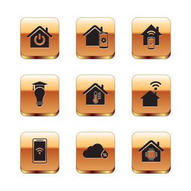 Smart Home, Mobil Kablosuz, Nem, Ev sıcaklığı, Ampul ve mezuniyet şapkası, uzaktan kumanda sistemi ve ikonu olan bir mobil. Vektör
