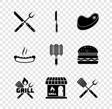 Çapraz çatal ve bıçak, barbekü, biftek, spatula, alışveriş binası, Hotdog sandviçi ve çelik ızgara ikonu. Vektör