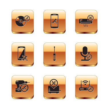 CD veya DVD disk servisi, matkap makinesi, tornavida, akıllı telefon, klima, Router wi-fi ve simge ile ayarlayın. Vektör