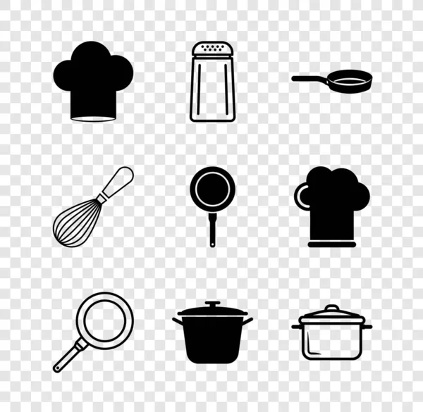 Set Chef Hat Sal Pimienta Sartén Olla Batidor Cocina Icono — Vector de stock