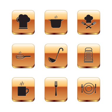 Şef şapkası, kahve fincanı, çatal, mutfak kepçesi, tava, çatal, tabak, bıçak ve tencere ikonu. Vektör