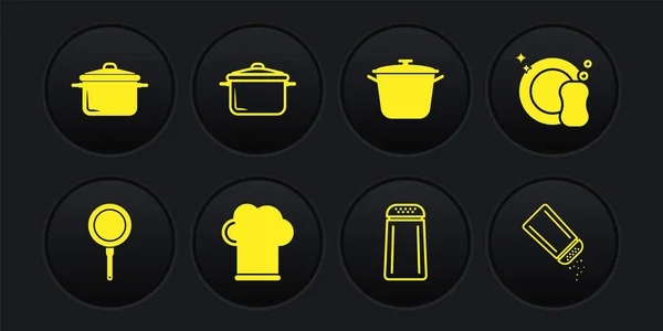设置炒锅 厨师帽 盐和胡椒 烹调锅 — 图库矢量图片