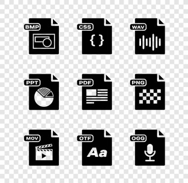 BMP dosya belgesini, CSS, WAV, MOV, OTF, OGG, PPT ve PDF simgesini ayarla. Vektör