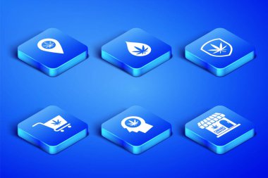 Marihuana ve kenevir dükkanı, yer marihuanası, profil oluşturma, alışveriş arabası, yaprak yağı ve kalkan ikonu. Vektör