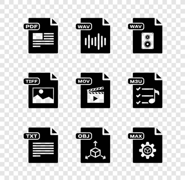 Set PDF file document, WAV, TXT, OBJ, MAX, TIFF and MOV icon. Vector