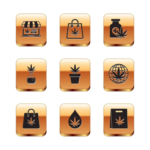 Set Compra Online Marihuana Bolsa Compras Aceite Hoja Marihuana Cannabis — Archivo Imágenes Vectoriales