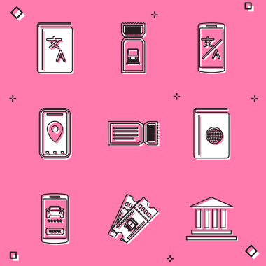 Çevirmen kitabı, tren bileti, çevrimiçi çevirmen, şehir haritası bilgileri, bilet, kapak seyahat rehberi, araba paylaşım ve otobüs simgesi. Vektör