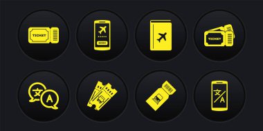 Çevirmen, Bilet, Otobüs bileti, Tren, Kapak Kitabı Seyahat Rehberi, Cep Telefonu ile Çevrimiçi Çevirmen ve Simge Ayarla. Vektör