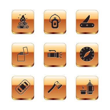 Kamp ateşi, rafting botu, tahta balta, el feneri, çakmak, İsviçre çakısı, termos kap ve kantin su şişesi ikonu. Vektör