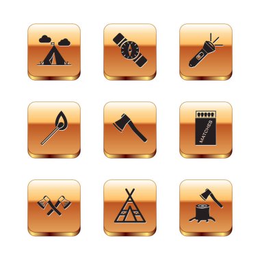 Bayrağı olan turist çadırı, çapraz tahta balta, tahta kibrit, yanan kibrit, fener, kütük ve pusula simgesi. Vektör