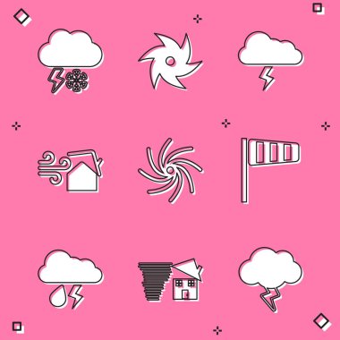 Bulut 'u kar ve yıldırımla, Kasırga' yı, Fırtınayı, Girdabı, Koni rüzgâr gülünü, yağmuru ve ikonu hazırla. Vektör