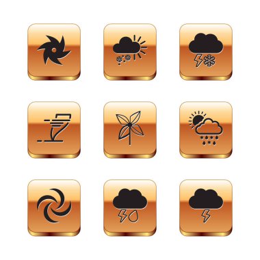 Tornado 'yu, Bulut' u yağmur ve şimşekle ayarla. Fırıldak, kar, Fırtına ve Bulut ikonu. Vektör