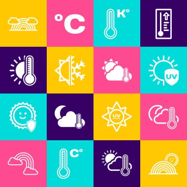 Gökkuşağını güneş, termometre ve bulut, ay, ultraviyole koruma, meteoroloji termometresi, güneş kar tanesi, bulutlar ve ikon ile ayarla. Vektör