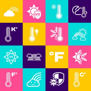 Meteoroloji termometresi, güneş ve kar tanesi, bulutlu gökkuşağı güneş ve termometre simgesini ayarla. Vektör