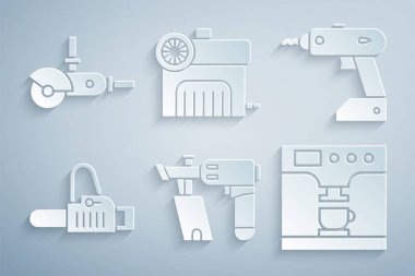 Çivi tabancası, elektrikli kablosuz tornavida, testere, kahve makinesi ve bardak, hava kompresörü ve Angle öğütücü ikonu. Vektör