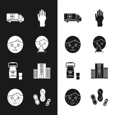 Mendili akmış burnuna, aşırı terleyen adama, acil durum arabasına, sedef ya da egzamaya, süt konteynırına, hastane binasına, yer fıstığı ve yüz ikonuna ayarlayın. Vektör