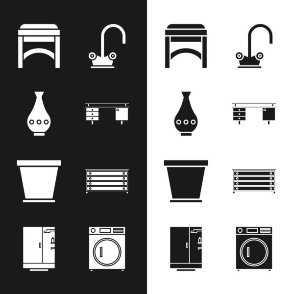 Набор офисный стол, ваза, стул, водопроводный кран, цветочный горшок, ящик ящиков, стиральная машина и иконка душевая кабина. Вектор