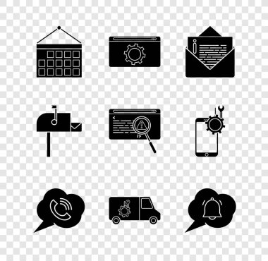 Takvim, ayar, zarf, konuşma balonu telefon görüşmesi, araba servisi, sohbet bildirimi, açık posta kutusu ve Sistem hata konsepti simgesini ayarla. Vektör