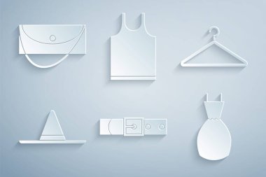 Deri kemer, elbise askısı, bahçıvan şapkası, kadın elbisesi, kolsuz tişört ve debriyaj çantası ikonu. Vektör