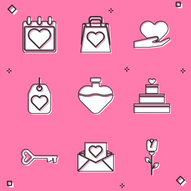 Takvimi kalp, alışveriş torbası, kalp el, etiket, şişe aşk iksiri, düğün pastası, anahtar şekli ve sevgililer günü ikonu ile ayarla. Vektör