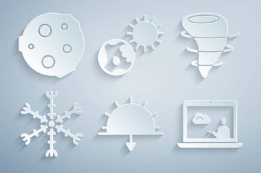 Batan Günbatımı, Kasırga, Kar Tanesi, Hava Durumu, Dünya küresi, güneş ve Ay ikonu. Vektör