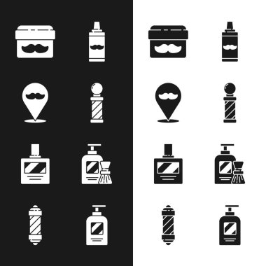 Klasik berber dükkanı direği, berber dükkanı, krem veya losyon kozmetik kavanozu tıraş köpüğü, tıraş köpüğü, tıraş losyonu ve fırça, şampuan ve ikon şişesi. Vektör