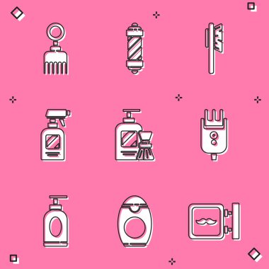 Set saç fırçası, klasik berber dükkânı direği, kuaför tabancası sprey şişesi tıraş jeli köpüğü, tıraş makinesi, tıraş makinesi, krem losyon kozmetik tüp ve şampuan ikonu. Vektör