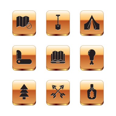 Ormanın yerini harita, ağaç, çapraz oklar, dizüstü bilgisayar, İsviçre ordu bıçağı, turizm çadırı, kantin suyu şişesi ve kürek ikonu ile belirleyin. Vektör