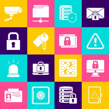 Tableti ünlem işaretli olarak ayarla, bilgisayar monitörünü kilitle, üçgende ünlem, sunucu kalkanı, işaretli anahtar, güvenlik kamerası ve siteni koru HTTPS, SSL simgesi. Vektör