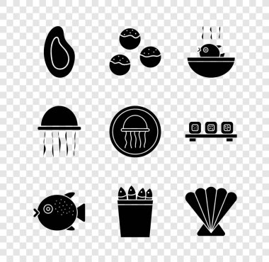 Missel, Takoyaki, Kirpi balığı çorbası, balıklı balık kovası, deniz tarağı, denizanası ve tabak ikonu. Vektör